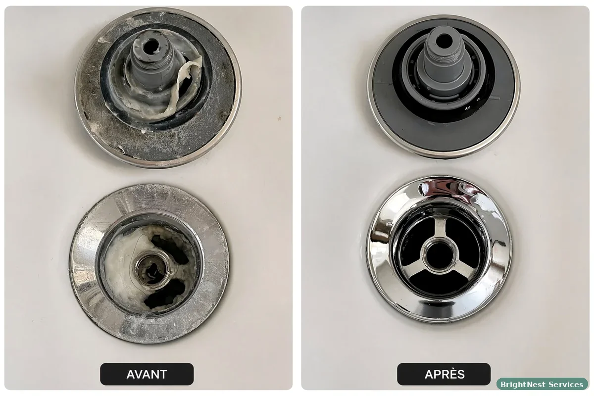 Nettoyage siphon évacuation Montpellier avant après — BrightNest Services